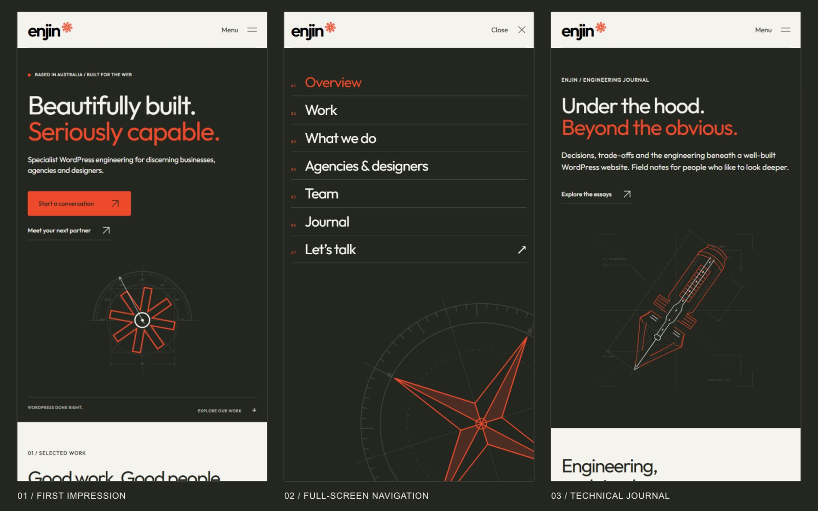 Enjin mobile homepage, full-screen compass navigation and technical journal