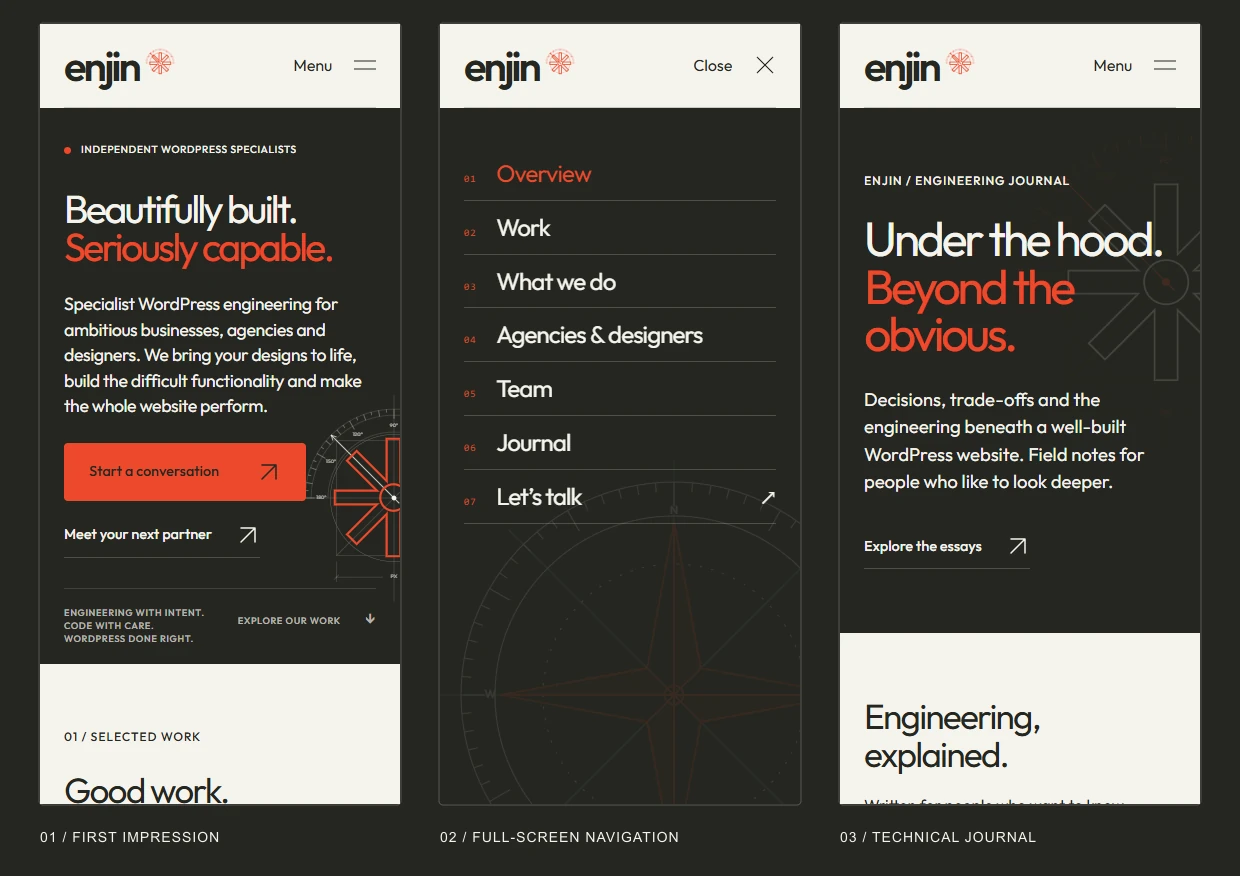 Enjin mobile homepage, full-screen compass navigation and technical journal